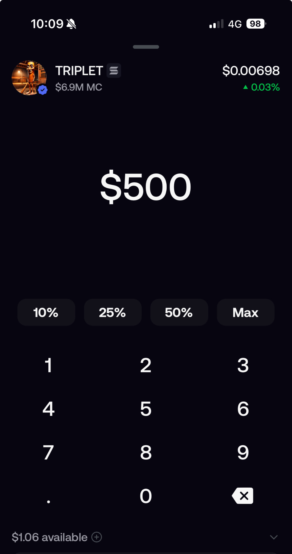 FOMO app buy screen showing the TRIPLET token and a $500 buy amount